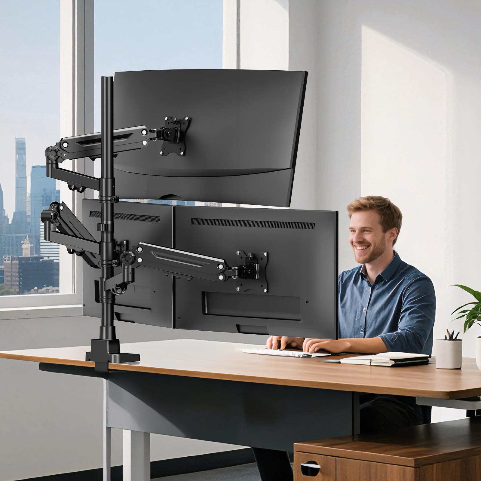 PUTORSEN Soporte para 3 monitores con Pantalla de 17-35 Pulgadas, Soporte para 3 monitores Regulable en Altura con 12 kg por Brazo, Barra de 80 cm, VESA 75/100 mm