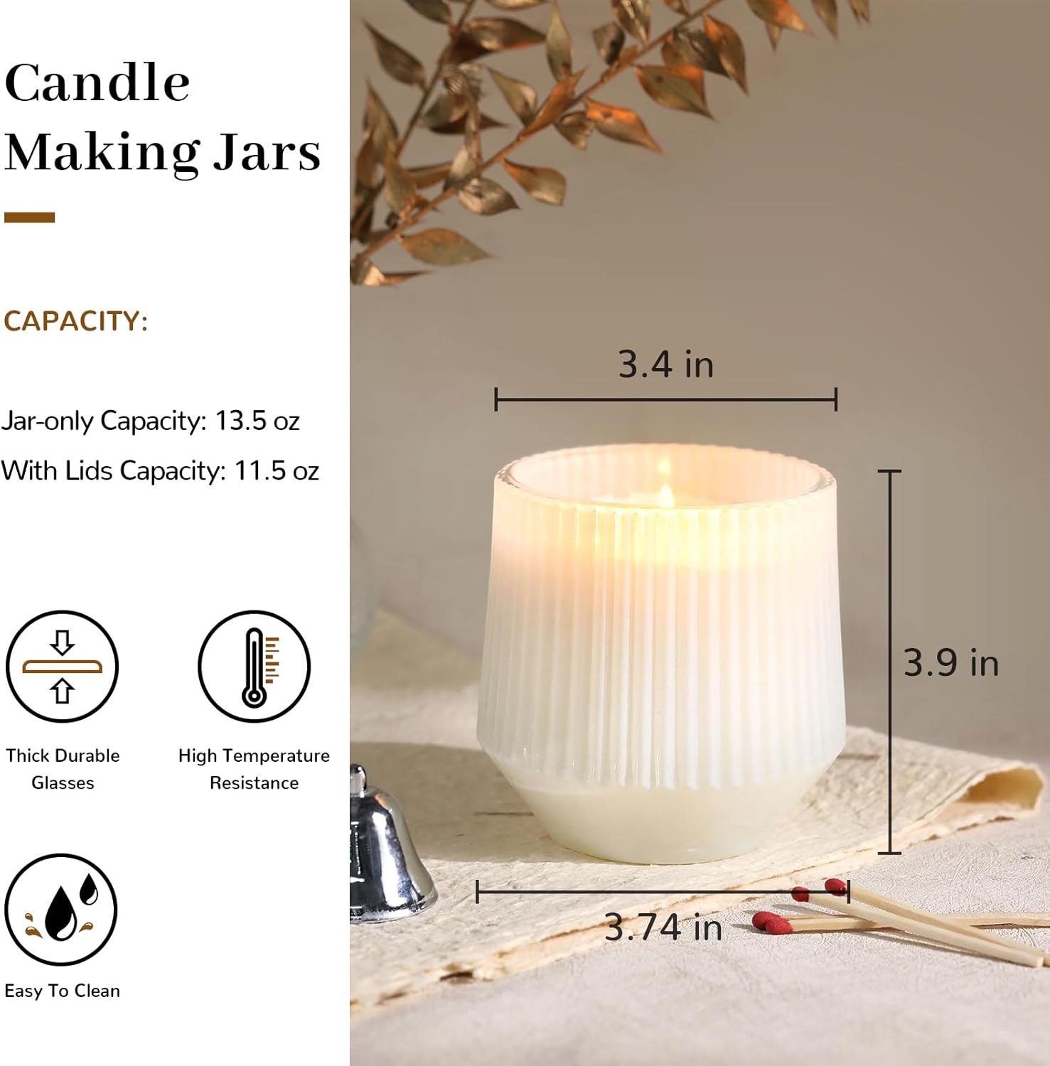 simeitol 13 OZ White Candle Jars for Making Candles - 6 Pack Ribbed Glass Candle Jars, with Bamboo Lids and Candle Wick Kit, Candle Making Jars Bulk for DIY