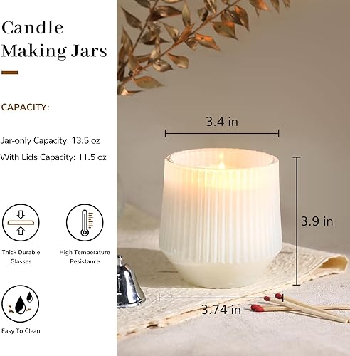 Miniatura 3 de simeitol Tarros de vela blancos de 13 onzas para hacer velas, paquete de 6 tarros de vela de vidrio acanalado, con tapas de bambú y kit de mecha de