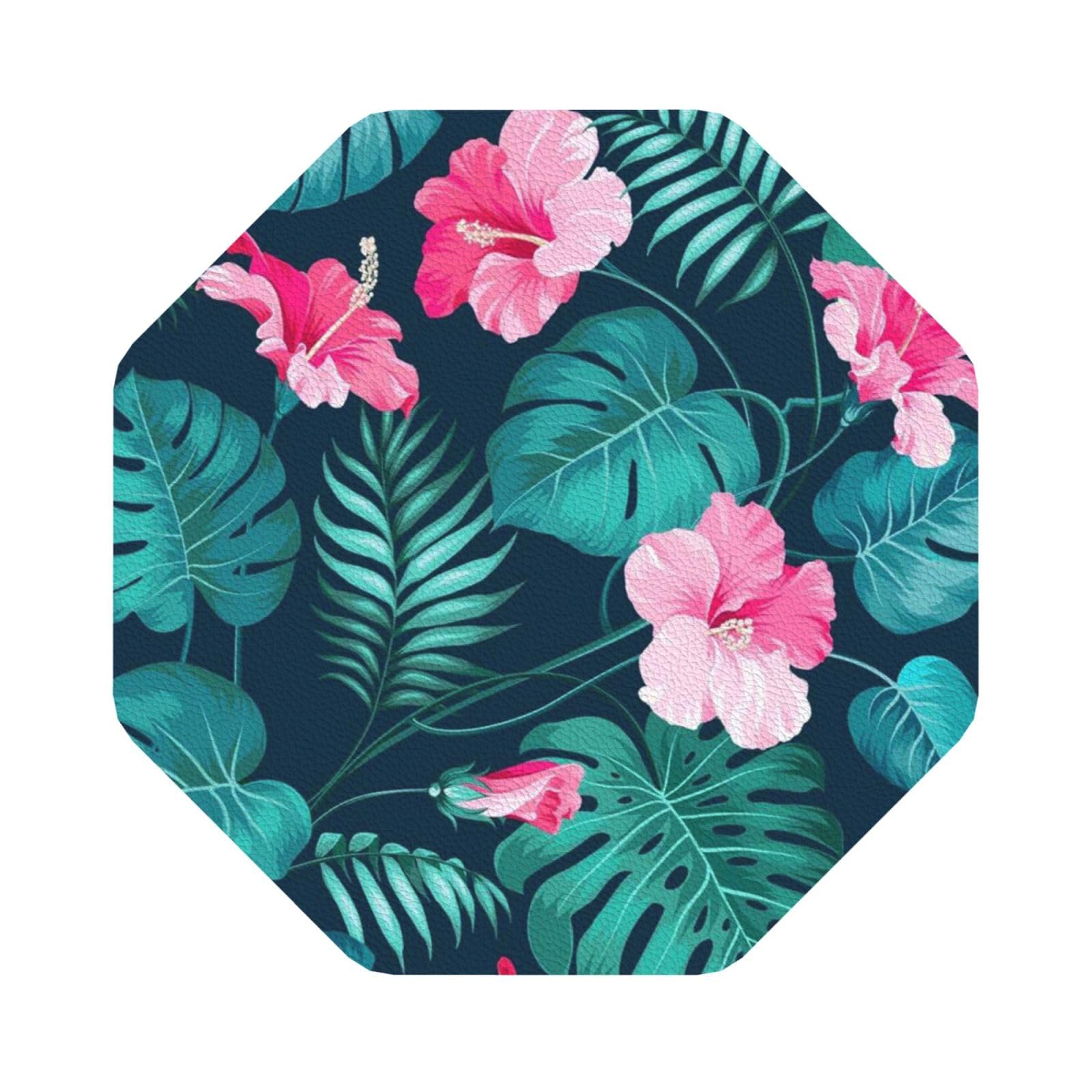 Hawaii Pink Flower PU Leather Coasters Set of 6 Octagon Drink Coasters