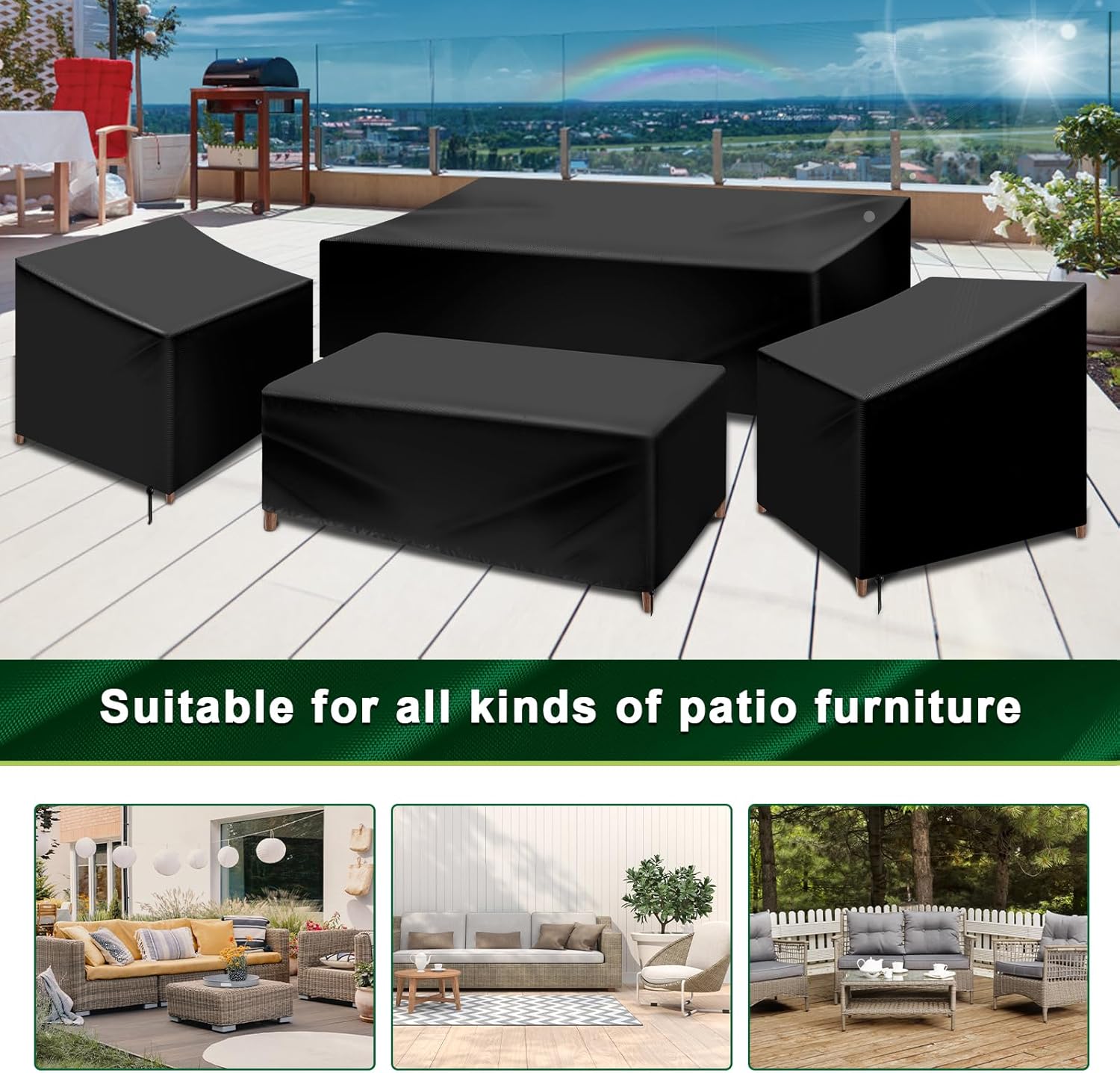 Patio Furniture Covers, 4 Piece Heavy Duty Waterproof Outdoor Furniture Cover, Windproof Patio Cover for Rattan Wicker Conversation Set, Lawn Patio Set Covers Black