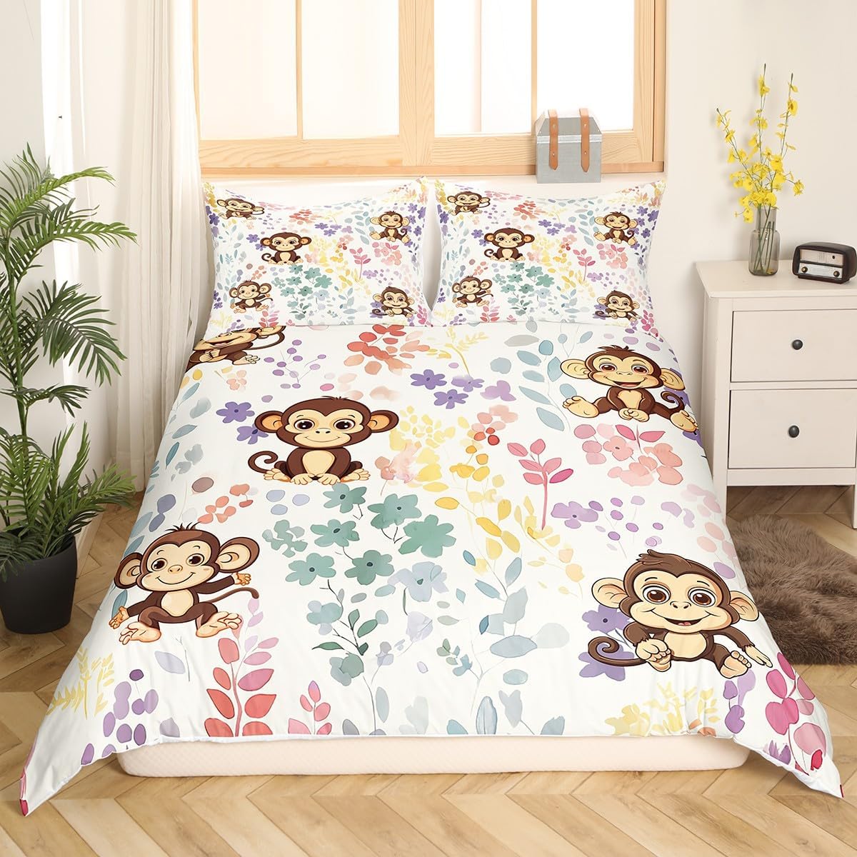 Erosebridal Kawaii Monkey Bedding Set Twin Size,Cartoon Monkey Flower Duvet Cover for Kids Girls Boys,Watercolor Floral Bed Set Forest Wildlife Animal Duvet Cover with 1 Pillowcase
