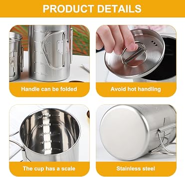Camping Mug, 500ml/16.9oz Stainless Steel Camping Cup with Foldable Handle, Portable Backpacking Cup with Lid, Camping Coffee Mug for Outdoor Home Travel