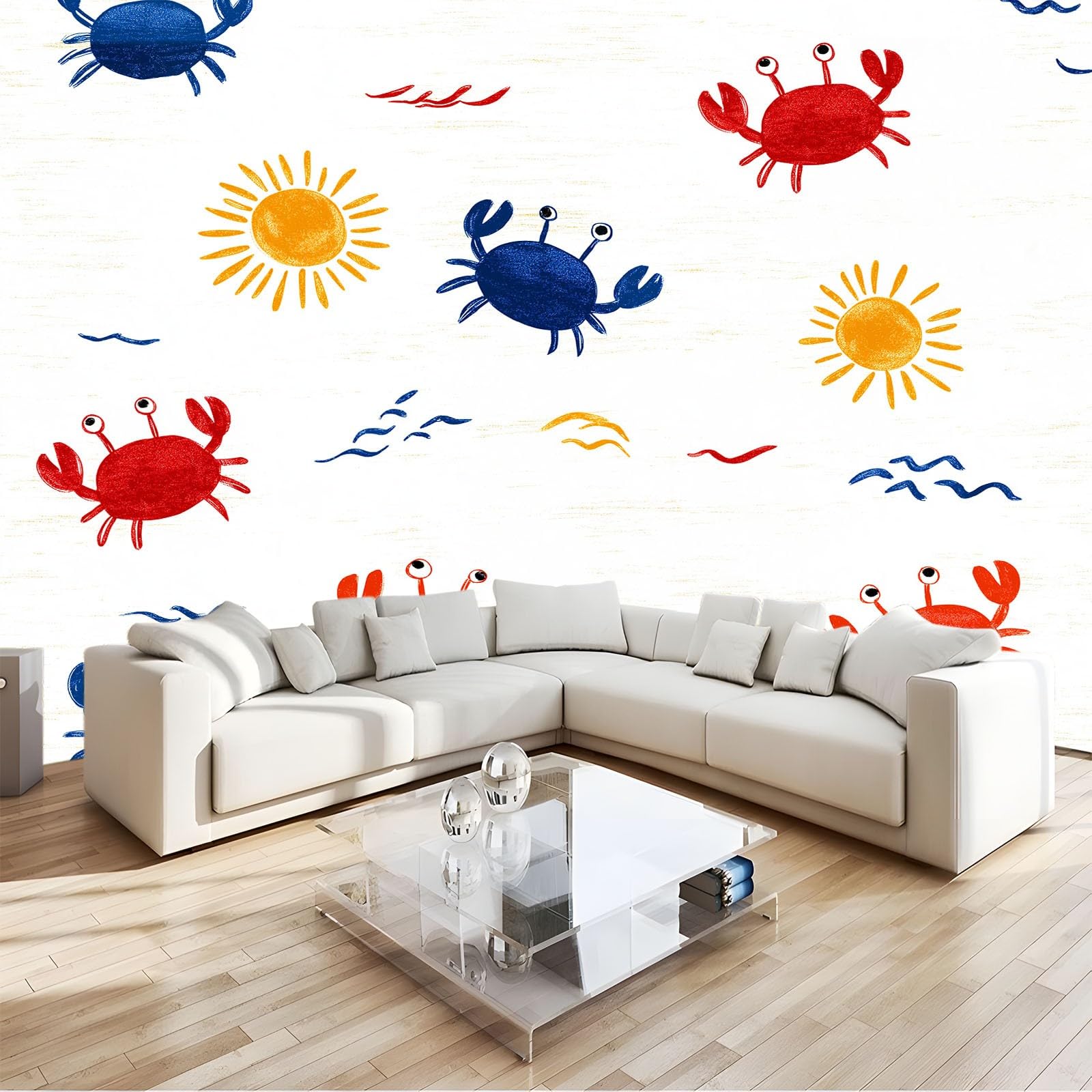 Générique Panoramiczna tapeta z kreskówki, krab, słodkie dziecko, 350 x 256 cm, dekoracja ścienna z włókniny, dekoracyjna dekoracja ścienna do salonu, łazienki, pokoju dziecięcego, biała