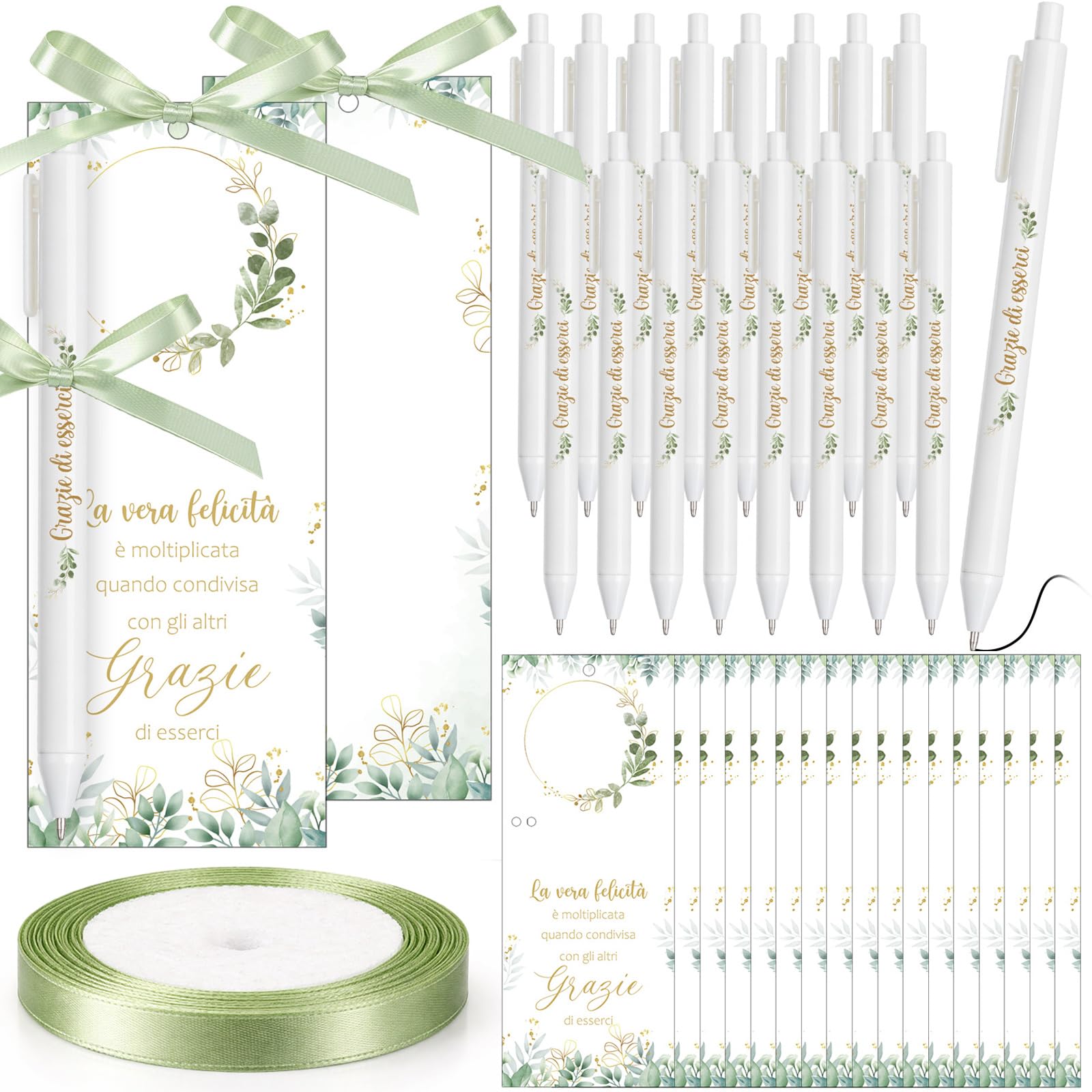 Nezyo 50 Pezzi Bomboniere Segnaposto con Penna e Nastro Segnaposto per Comunione Matrimonio Battesimo Cresima Compleanno Grazie Regalo per gli Ospiti Decoración da Tavola(Verde salvia)