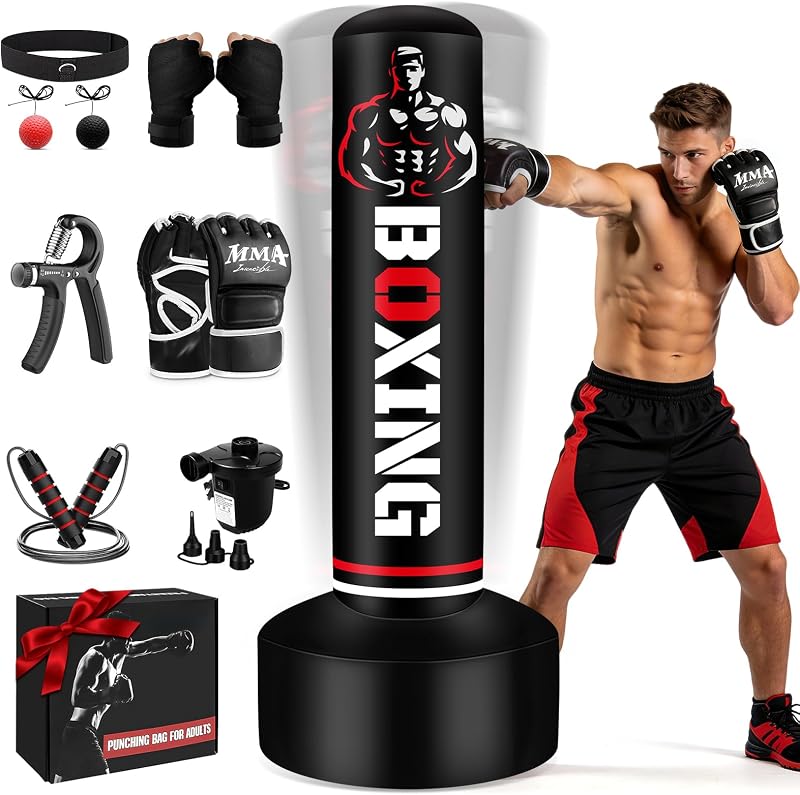 Saco de boxeo independiente mejorado para adultos, saco de boxeo de pie de 70 pulgadas | Juego de saco de boxeo pesado con guantes de 12 onzas, bomba de aire, bolsas de patadas para MMA Karate Muay Thai Kickboxing Boxeo Entrenamiento de gimnasio en casa
