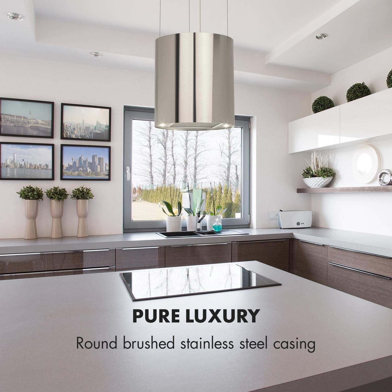 Klarstein Berett Island extractor hood - extractor hood, 35 cm Ø 35 cm, 190 W motor power, max. 560 m³/h air circulation, 3 power levels, LED hob lighting, stainless steel, Grey