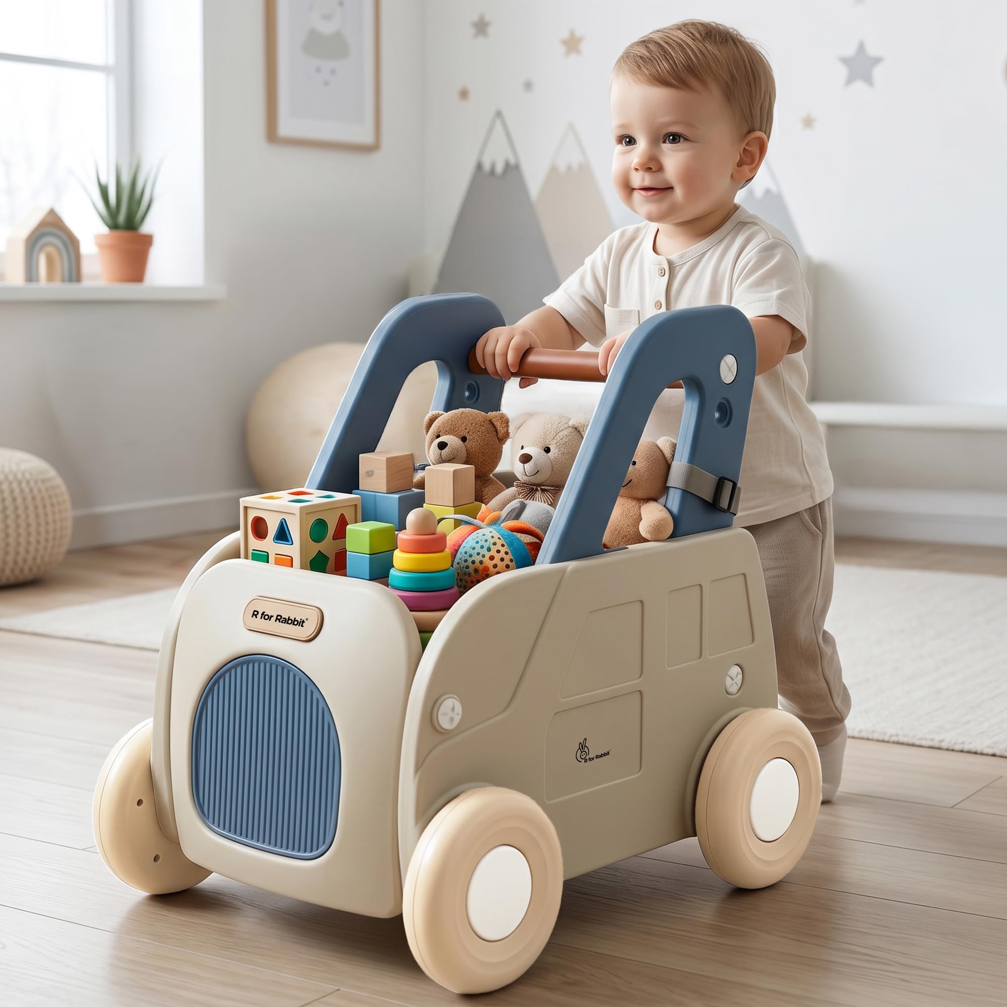 R for Rabbit Kiddie Kart 4-in-1 Push Walker, Shopping Cart for Kids 0-3 Years | Ride-On & Pull Along Mode | Toy Organizer with Storage Box, Adjustable Handle, Safety Belt, Wide Seat & Smooth Edges (Grey Blue)-picture-10