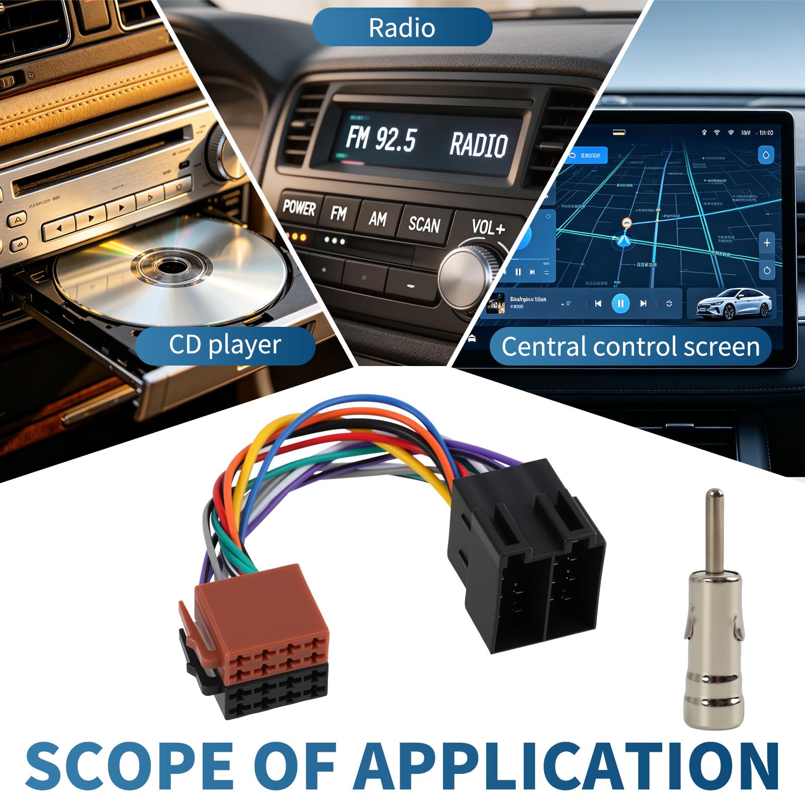 Zestaw adapterów do radia samochodowego, 16 pinów, wtyczka ISO na gniazdo, adapter antenowy DIN/ISO z zaciskiem wtykowym 15 i 30, przedłużacz radia do radia samochodowego, wiązki kabli, adapter do