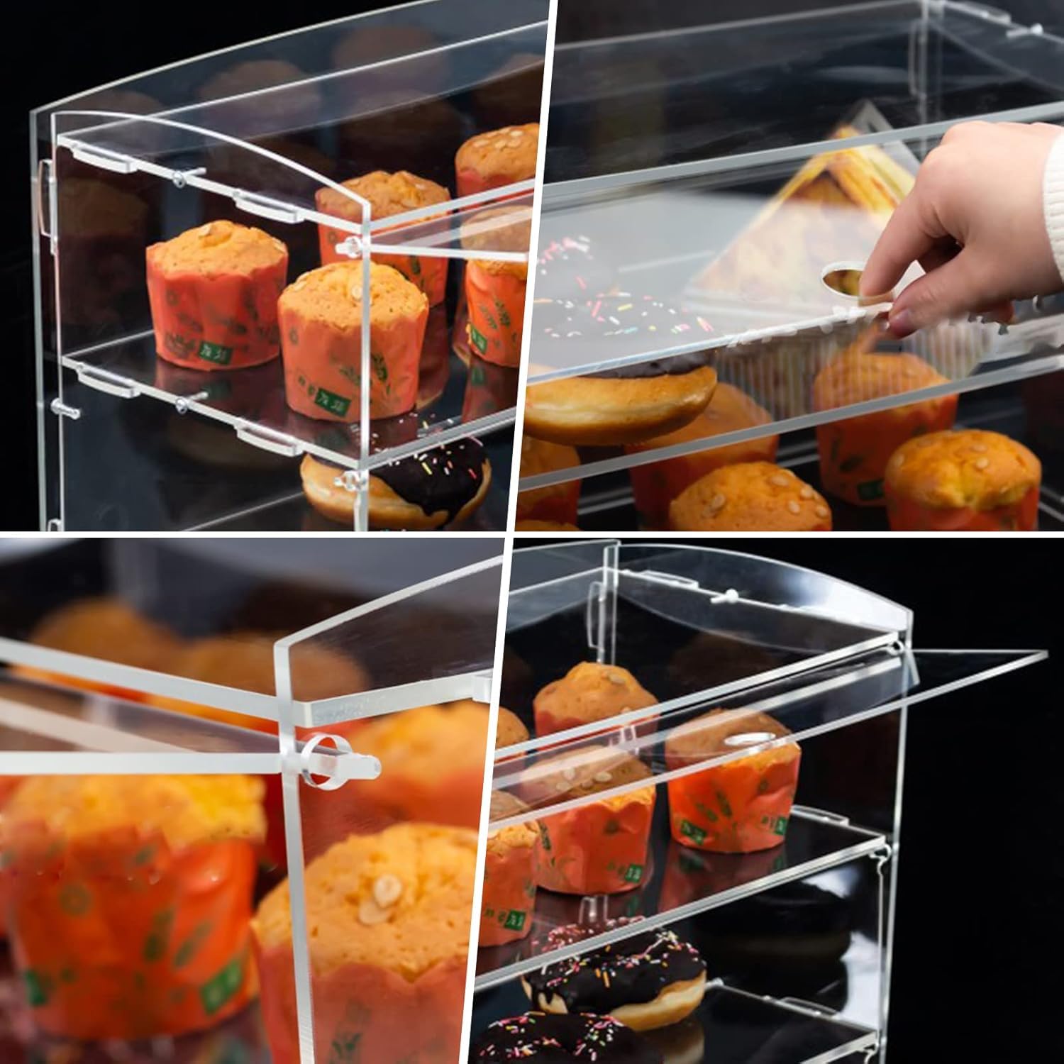 AmorLoco Vitrina 3-niveles para panadería, pastelería, vitrina acrílica transparente, gabinete comercial, sándwiches, pan, caja de donas, queso, galletas, organizador