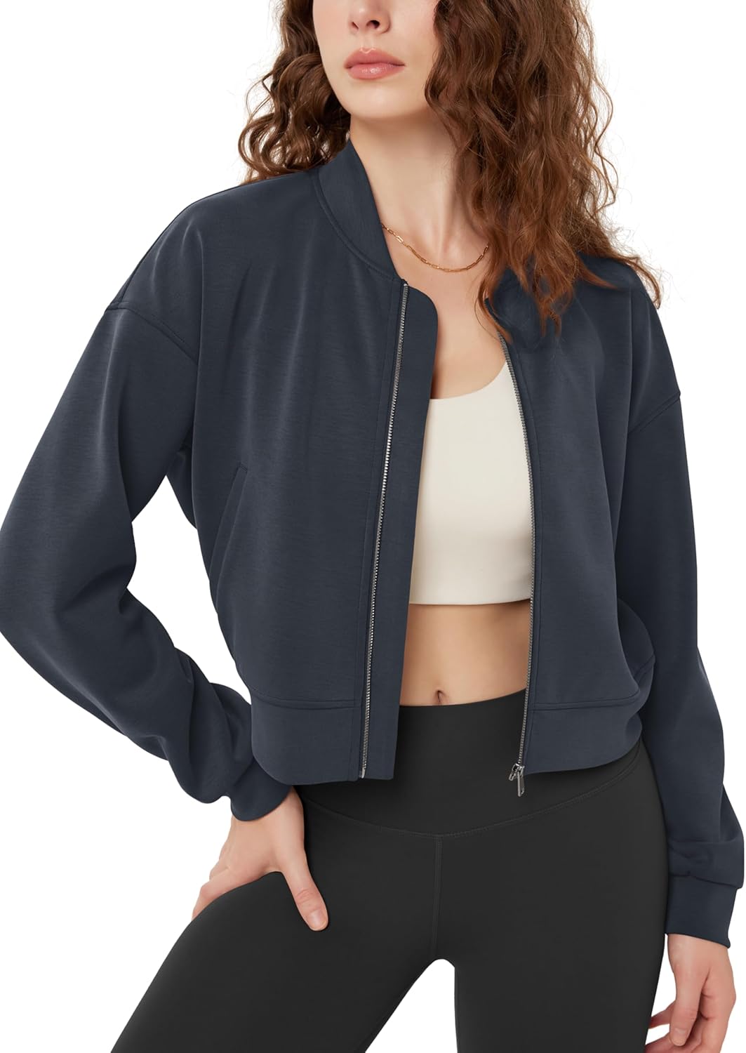 ODODOS Modal Soft Full-Zip Bomber Jacket for Women Long Sleeve Casual Fall Outfit Crop Top with Pockets