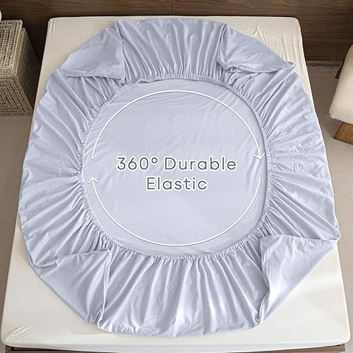 Miniatura 7 de QSH Juego de sábanas 100% algodón con volantes, tamaño Queen, color azul claro, juego de sábanas con volantes franceses, 4 piezas, extra suaves,