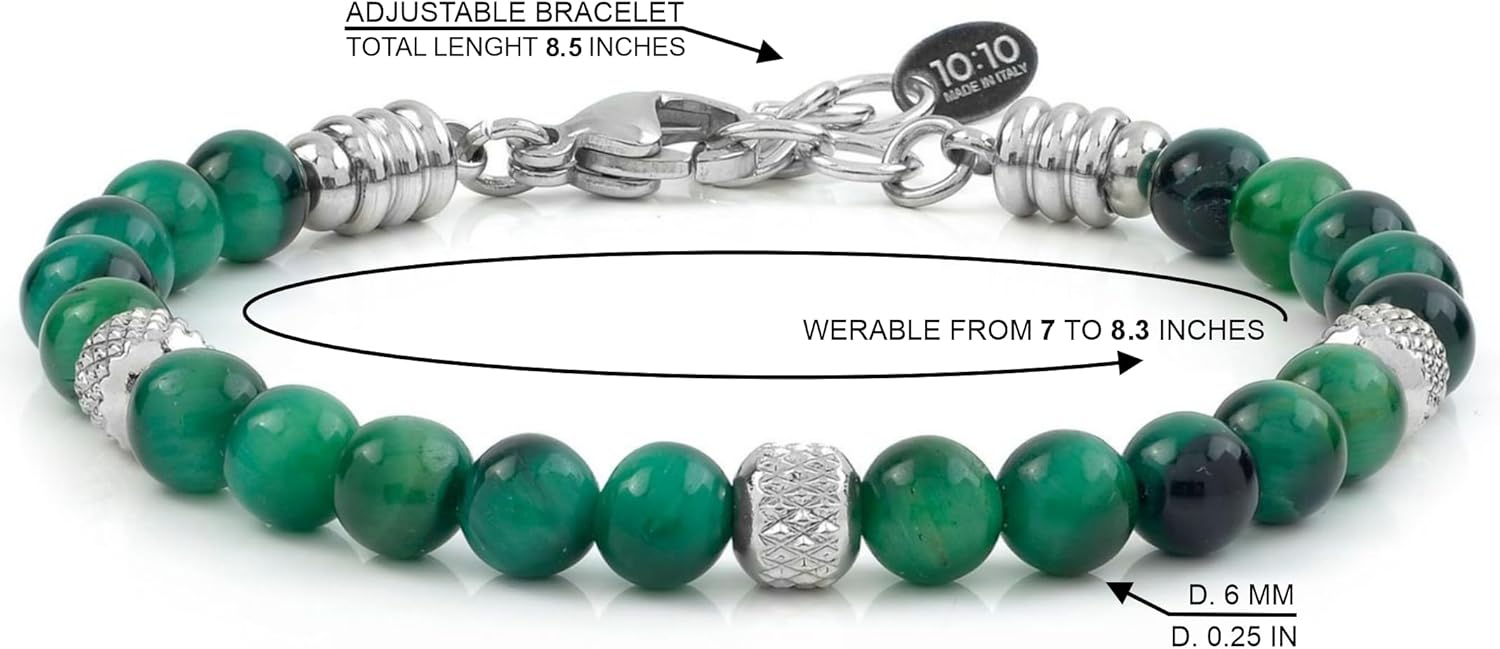 10:10 Beaded Bracelet for Men and Women – Natural Green Tiger Eye Gemstones and Stainless Steel – Adjustable, Durable and Elegant – Made in Italy - Image 5