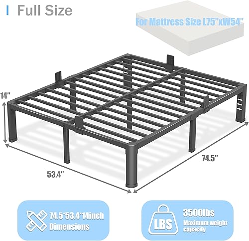 Miniatura 3 de Marco de cama de tamaño matrimonial con patas de esquinas redondas y agujeros para cabecero con tope para colchón de 14 pulgadas, plataforma de