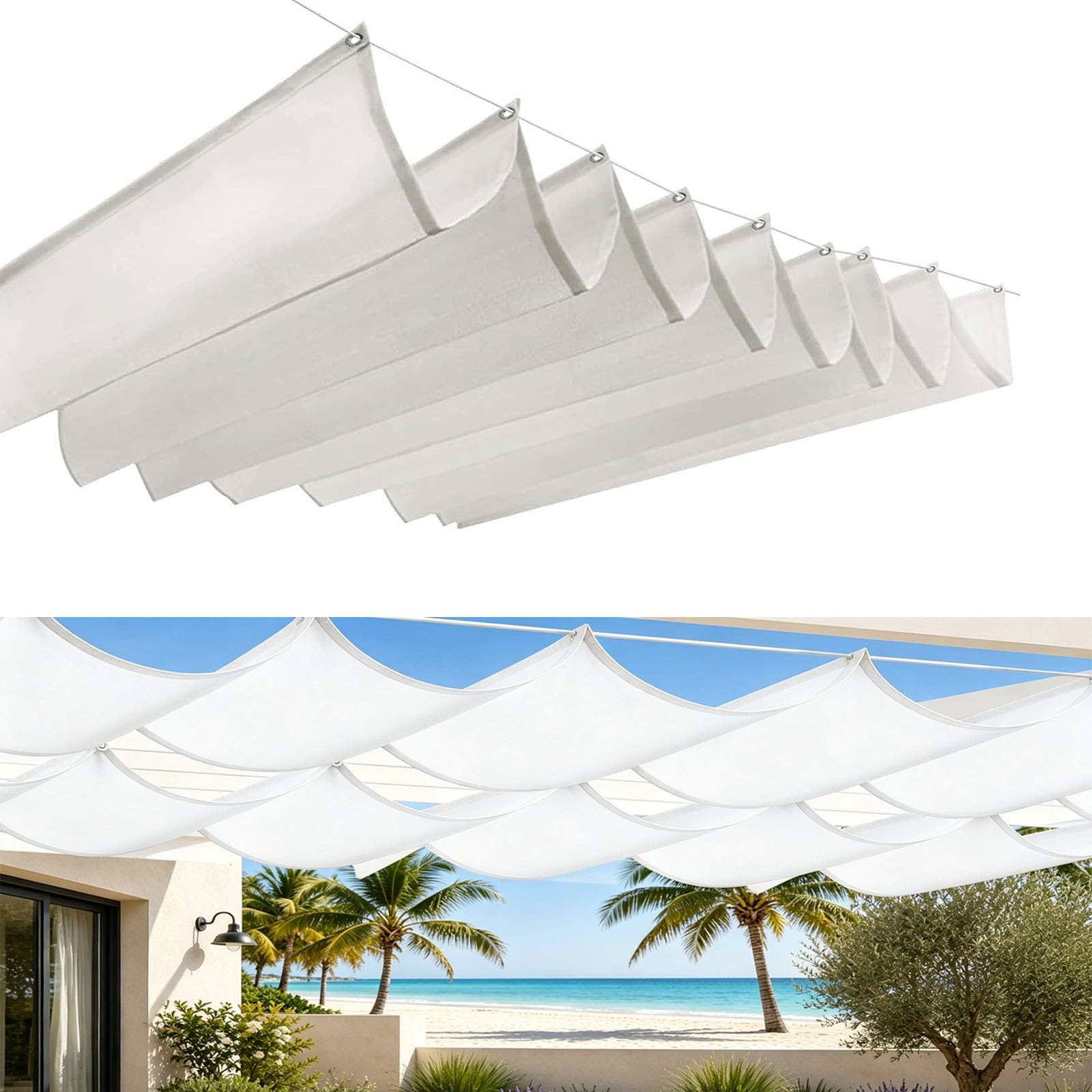 Voile d'ombrage vague rétractable blanche pour un été au frais sur la terrasse