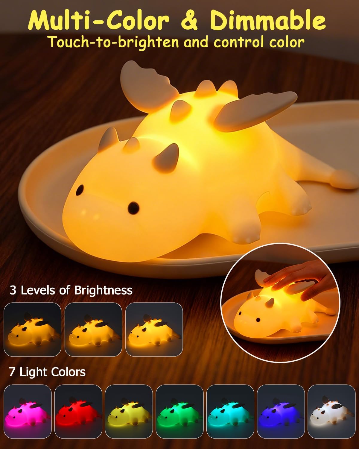 Luz Nocturna Infantil, Luz Nocturna Infantil Control Táctil, 3 Ajustes Regulables, 7 Colores Cambiantes, Recargable Lampara Bebe Noche para Habitación los Niños