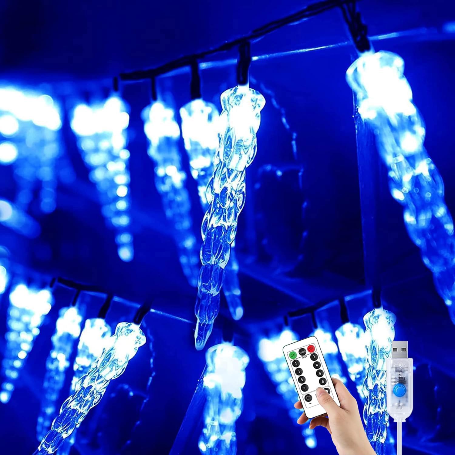 Guirlande lumineuse de Noël alimentée par USB, 20 m/200 LED, connexion USB et télécommande sans fil, rideau lumineux féérique en acrylique cristal (bleu)