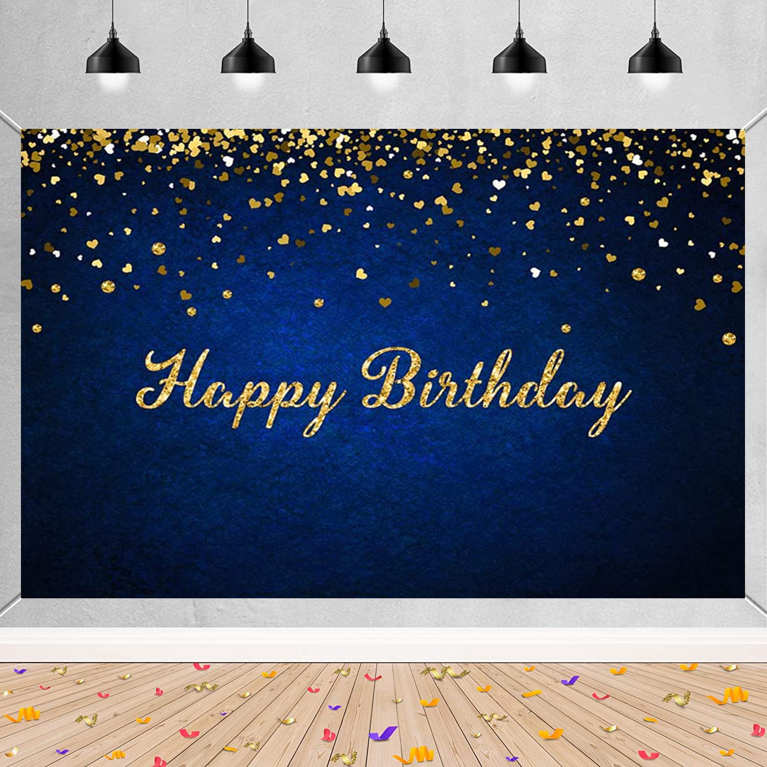 Blue and Gold Glittery Sequin Themed Photography Background Happy Birthday Backdrop Gold Heart-Shaped Dots Decorations Birthday Party Events Banner
