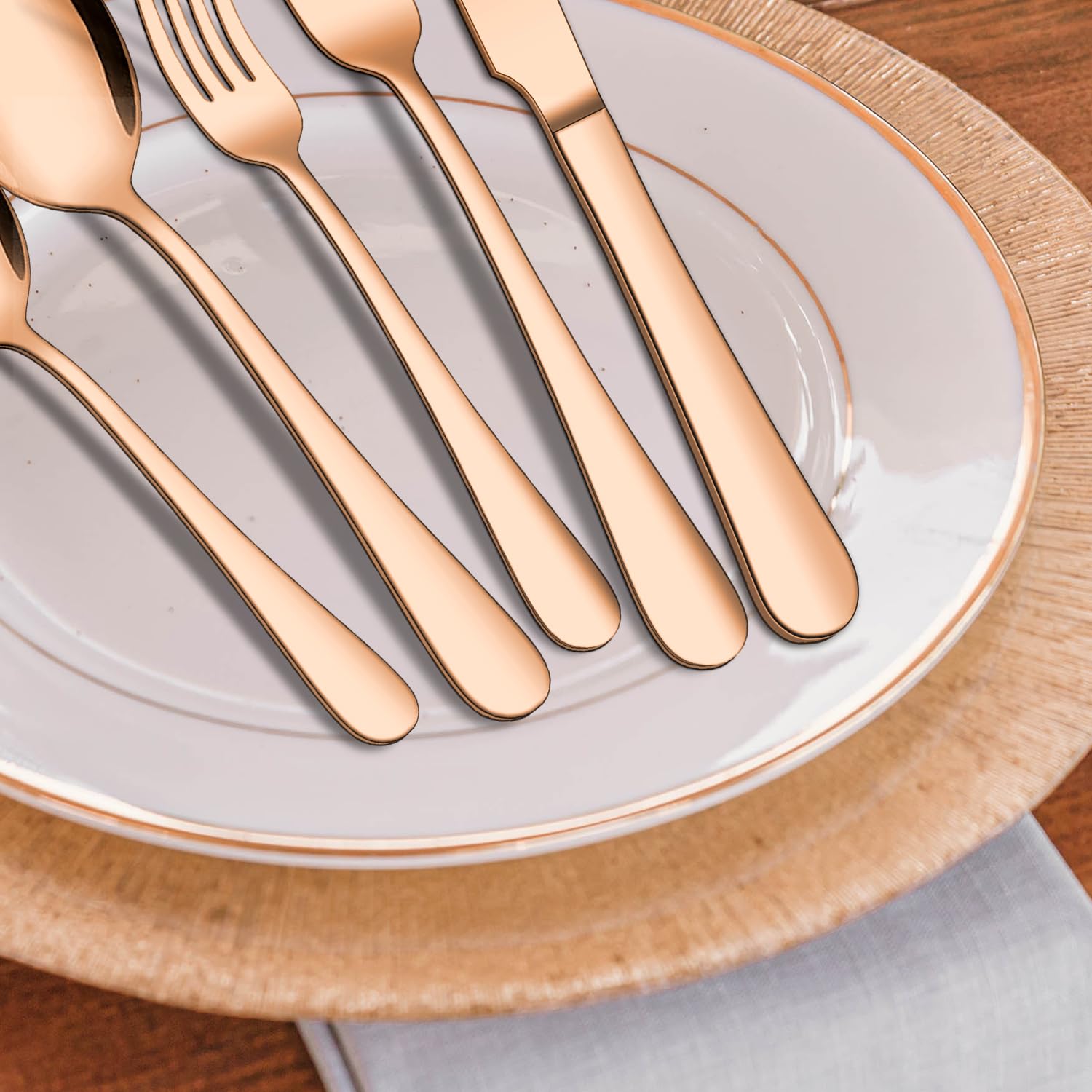 ENLOY - Juego de cubiertos de cobre mate de 20 piezas, juego de cubiertos de acero inoxidable dorado rosa para 4, juego de utensilios de cocina para 4, incluye cuchara, tenedor y cuchillo, pulido con