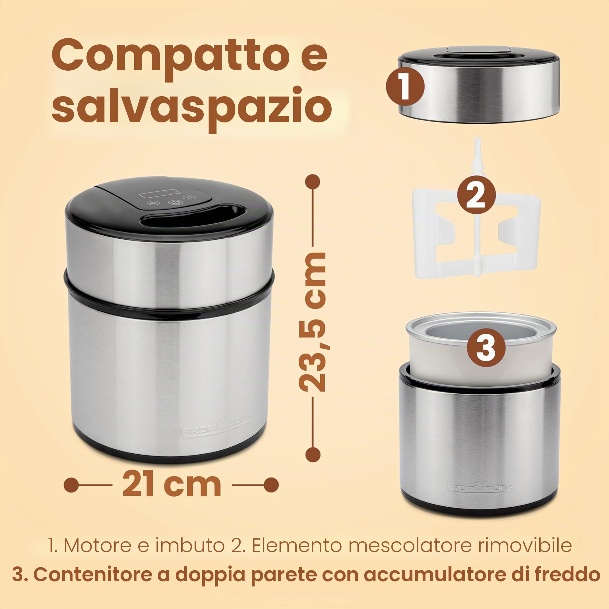 Gelatiera e yogurtiera ProfiCook® | gelato in 20 minuti | per un massimo di 1800 ml di gelato |gelatiera soft per uso domestico|con timer| gelatiera per gelato, frozen yogurt e sorbetto | PC-ICM 1140