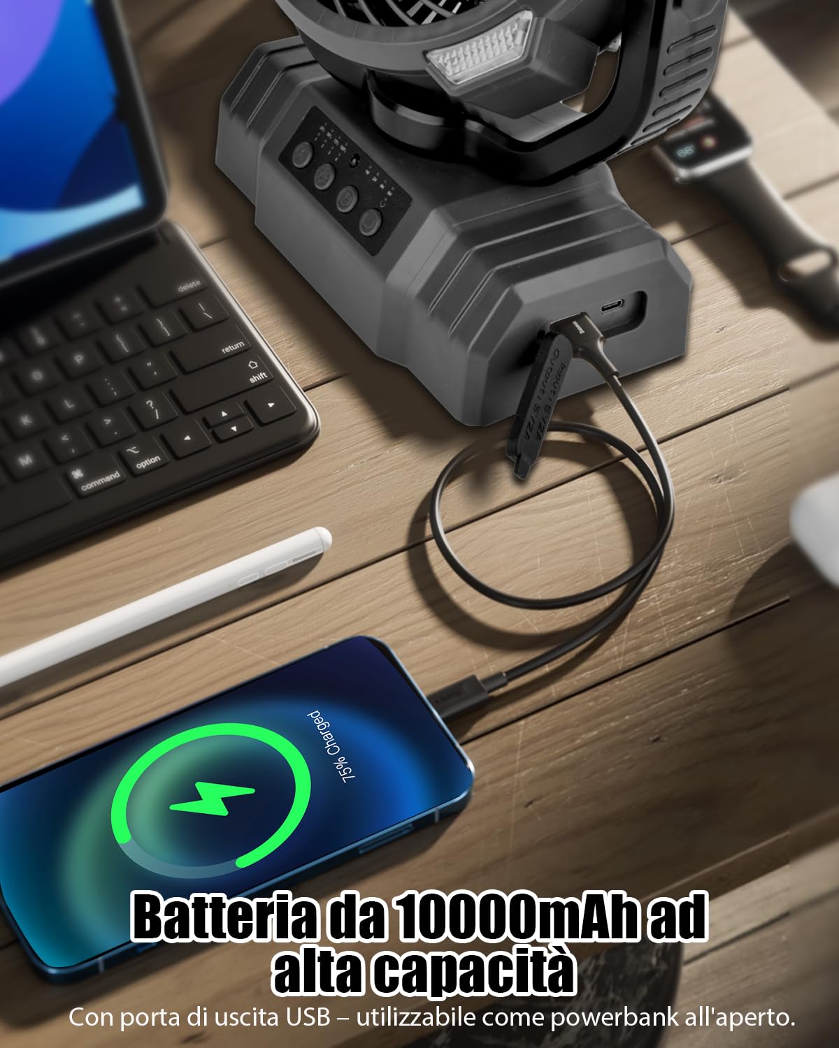 Timiyou Ventilatore da campeggio, 10000 mAh, molto silenzioso con luce, telecomando, power bank, 4 velocità, gancio, timer, ventilatore USB per esterni, campeggio, picnic, barbecue, pesca, ufficio