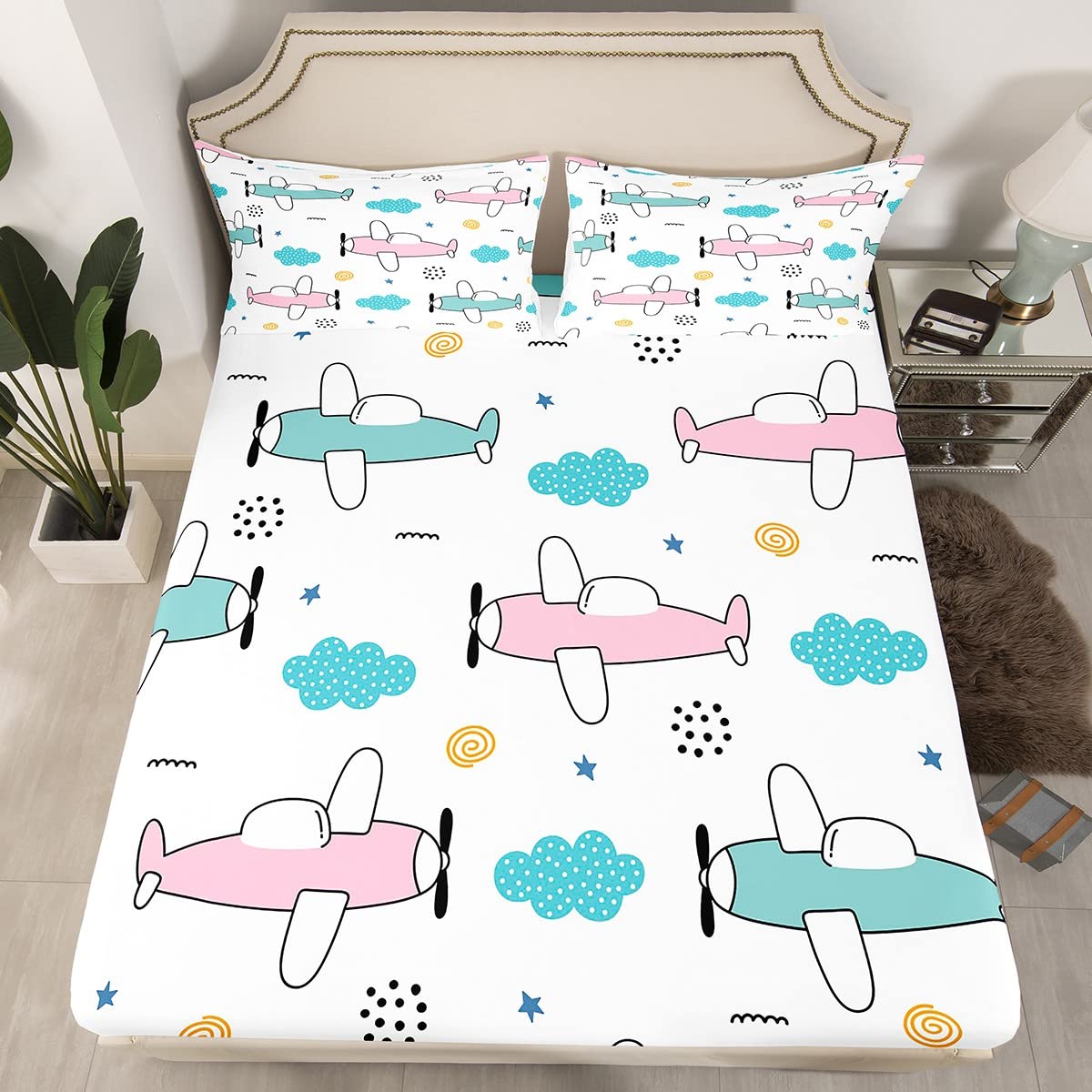 Erosebridal Cartoon Aircraft Bed Sheets Set Twin, Airplane Sheet Set for Kids Boys Girls, Cute Pink Blue Sky Clouds Flying Plane Sheets, Hand Drawn Stars Room Decor Bed Set