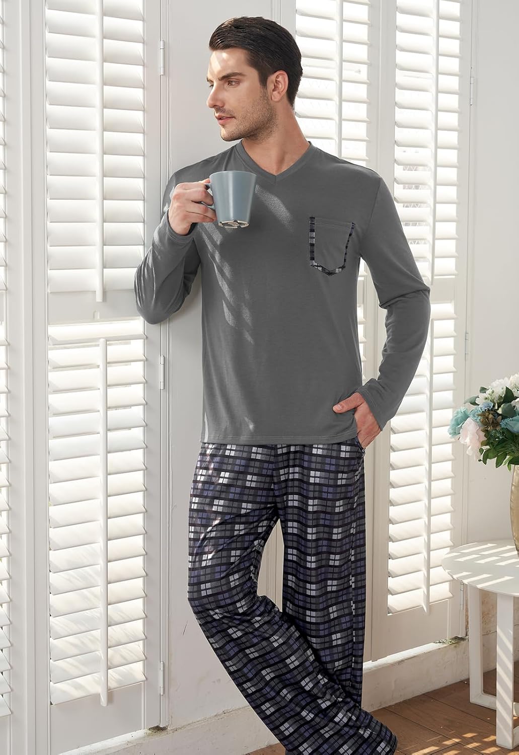 KUYIGO Mens Pajamas Set Sleepwear V Neck Long Sleeve Top and Plaid Pants 2 Piece Pjs Loungewear with Pockets - Image 3