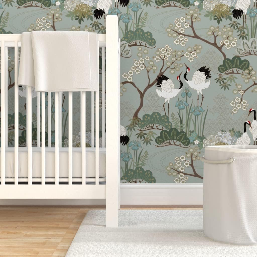 Spoonflower Peel & Stick Wallpaper 9ft x 2ft - Japanese Garden Florals Birds Cranes Asian Sage Cherry Blossom Custom Removable Wallpaper