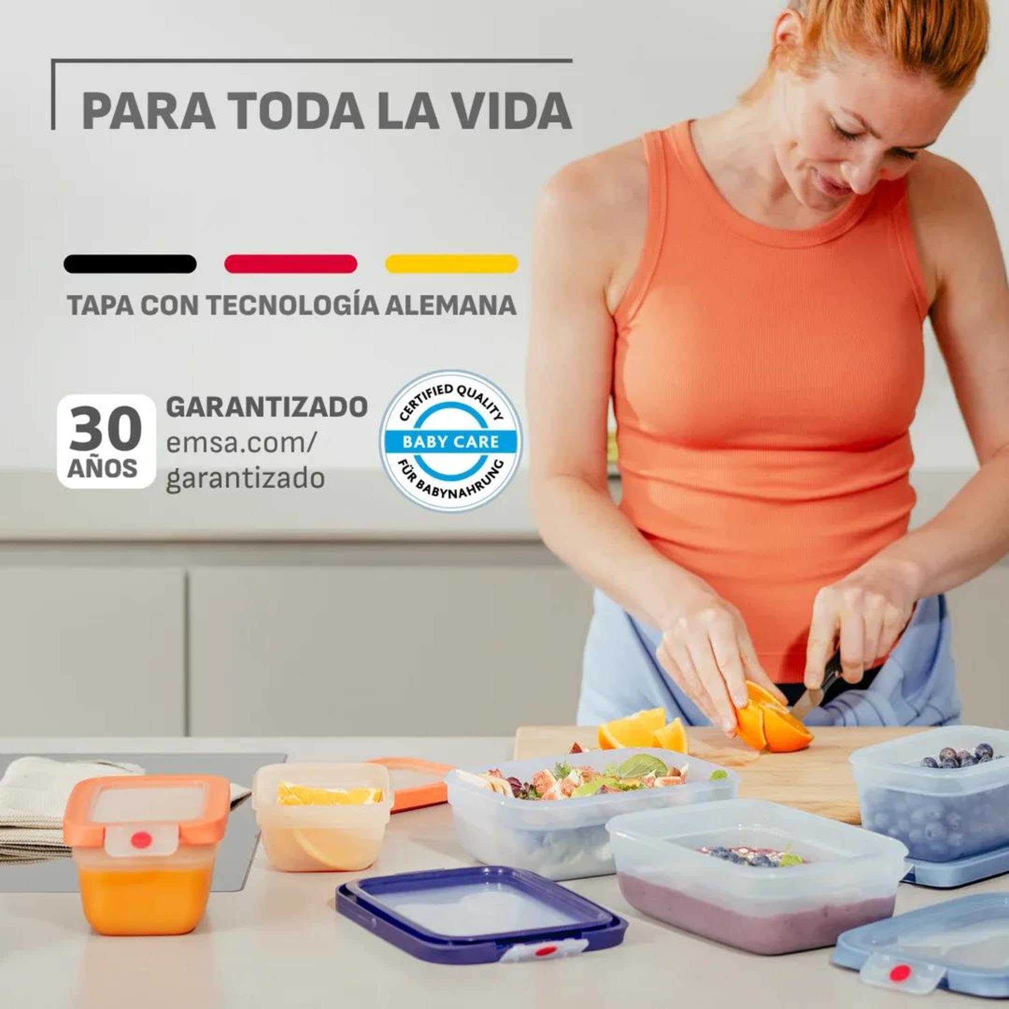 EMSA oneClick, recipiente para almacenar alimentos, un clic, abrir y cerrar sin esfuerzo, 2 veces más frescos, 100% hermético, apilables, set 5 piezas naranja, 2x 0,50L, 2x 1,20L, 1x 2,30L, N1230900