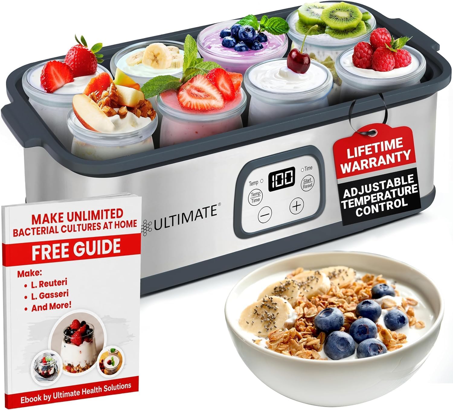 Probiotic Yogurt Maker with Adjustable Temperature & Time Control - Make Trillions of Live Probiotics & Get Better Gut Health - ULTIMATE LIFETIME WARRANTY - Wellness Gifts for Men & Women