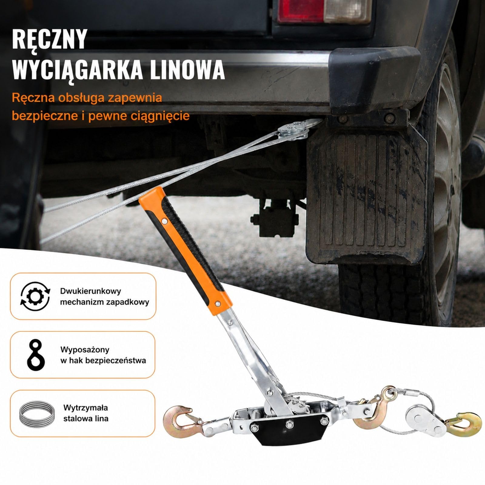 Ręczna wciągarka linowa z dźwignią, udźwig 5 ton, 3 haki, lina ze stali węglowej, dwubiegowa konstrukcja do pojazdów i warsztatu