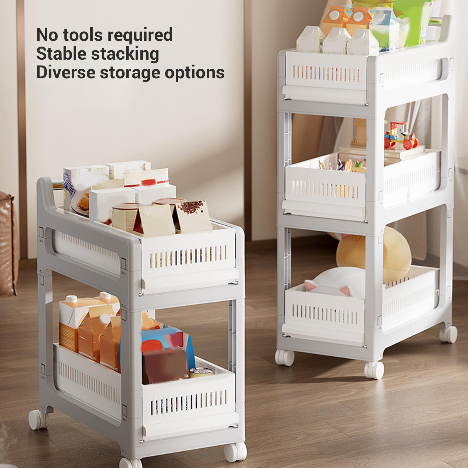 Rolling Storage Cosch Organizer z Przesuwnymi Koszami Szuflad do Kuchni Domowej, Wózek do Przechowywania Dużej Pojemności z Hamulcem dla łatwego Ruchu (3 poziom)