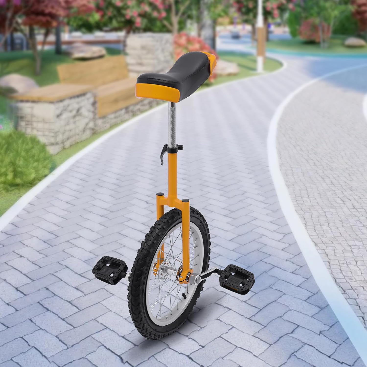 16 Inch Wheel Unicycle with Rim, Height Adjustable Steel Frame Leakproof Tire Wheel Cycling Exercise Bicycle for Office Workers, Students, Cycling Enthusiasts, Yellow