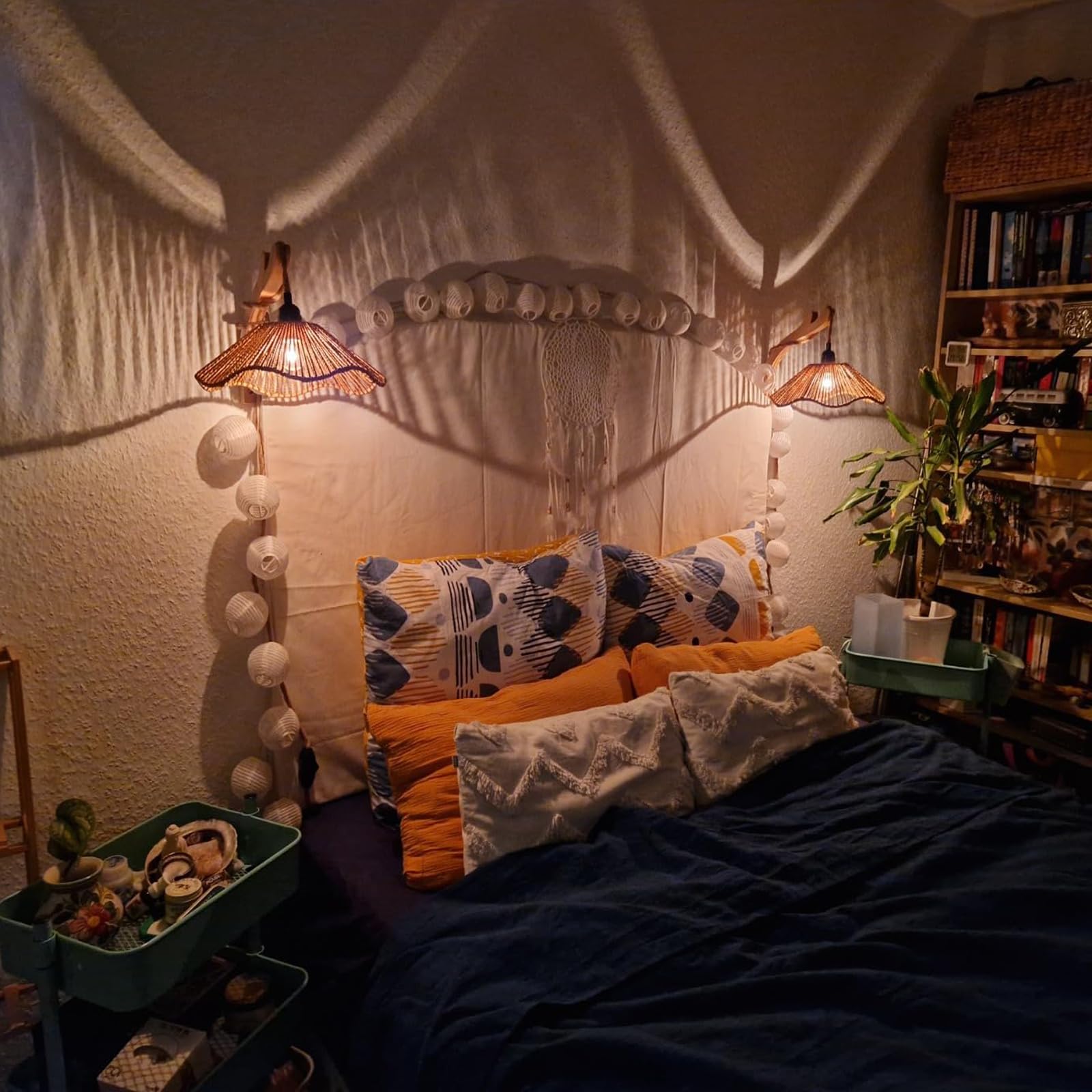 2er Set Wandleuchte Rattan Boho mit Stecker und Schalter, Dimmbar Wandlampe Innen Holz Rustikal Retro mit 3m Hanfseil Kabel E27 Vintage Wandlicht für Schlafzimmer Wohnzimmer Flur Wandbeleuchtung