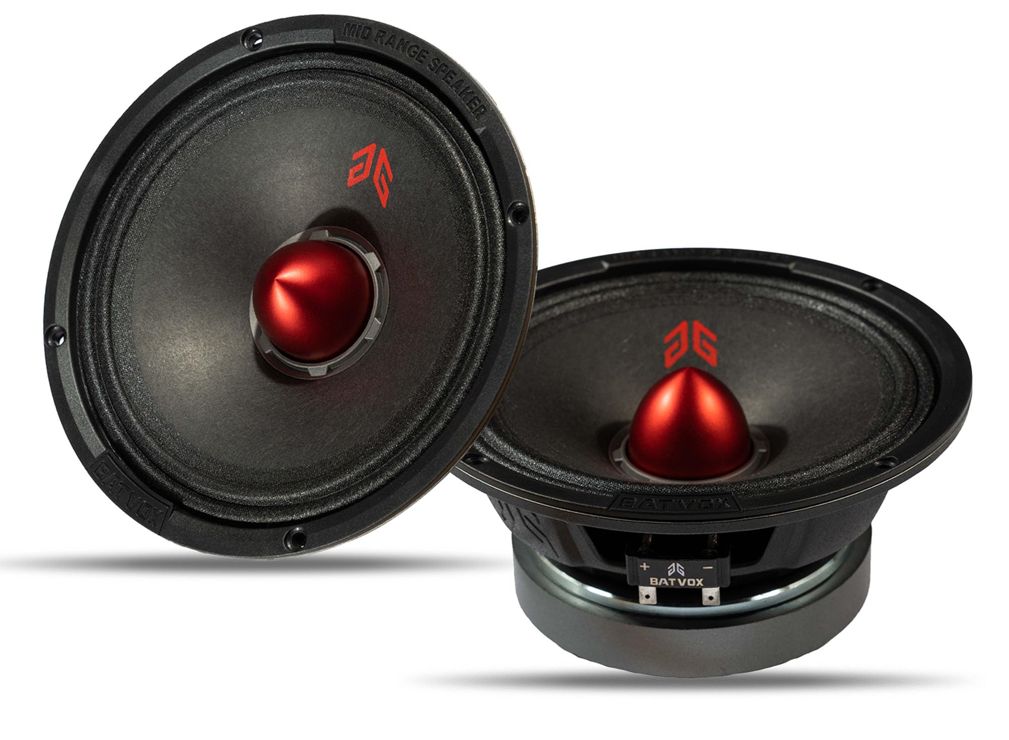 MX65E2 Loudspeaker 6.5 Inch Midrange 480 Watts 4 Ohms Red Bullet, Premium Quality Audio Door Speakers for Car or Truck Stereo Sound System, Black (2 Speakers)