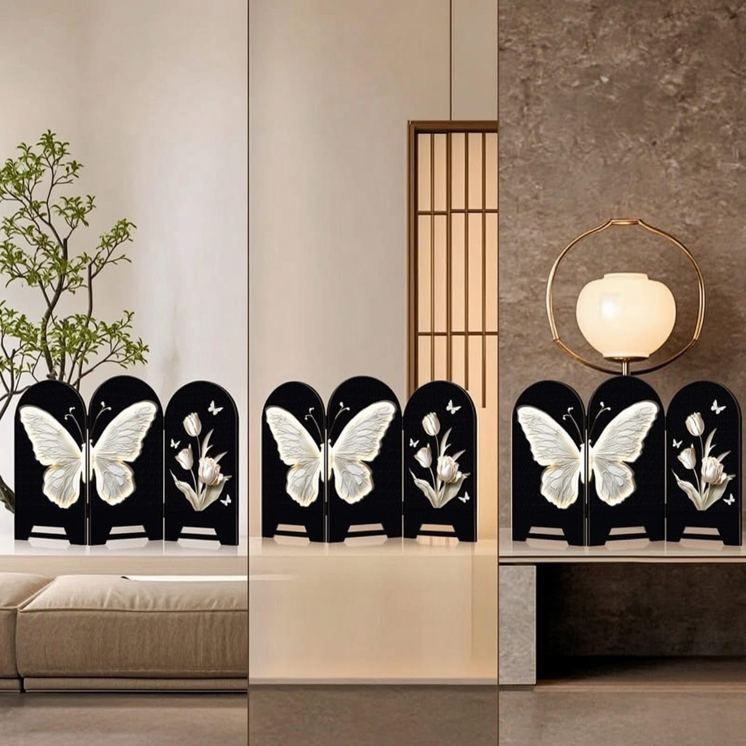 Three-Panel Tabletop Decorative Screen Arched Decorative Screen Freestanding Desktop Display Minimalist for Entryway, Dresser, Living Room, 30x20cm, Butterfly E-picture-12