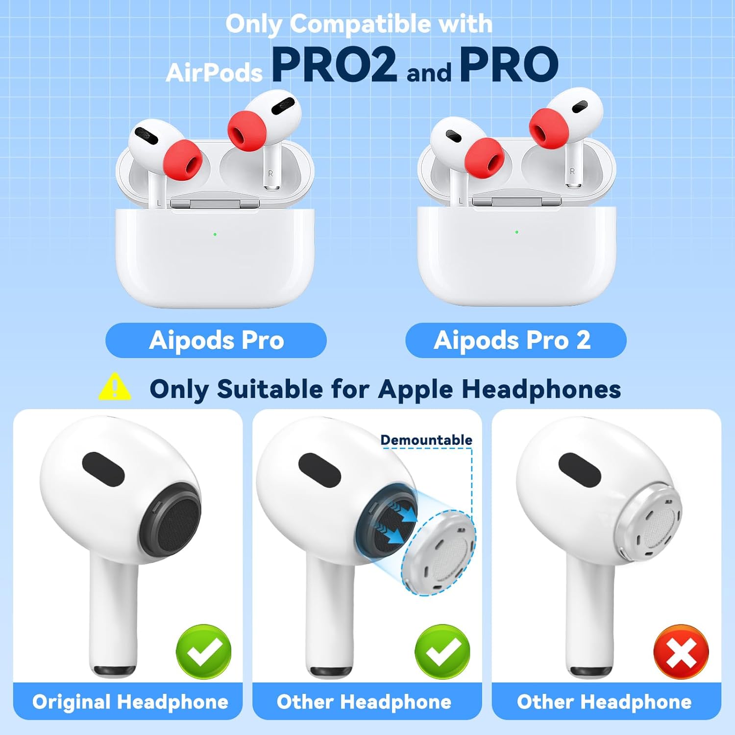 4 Pairs Replacement Ear Tips for AirPods Pro 2nd/1st Generation with Portable Storage Box & Cleaner Pen,Noise Reduction Holewith & Built-in dust Guard Screen,Silicone EarTips(Red)