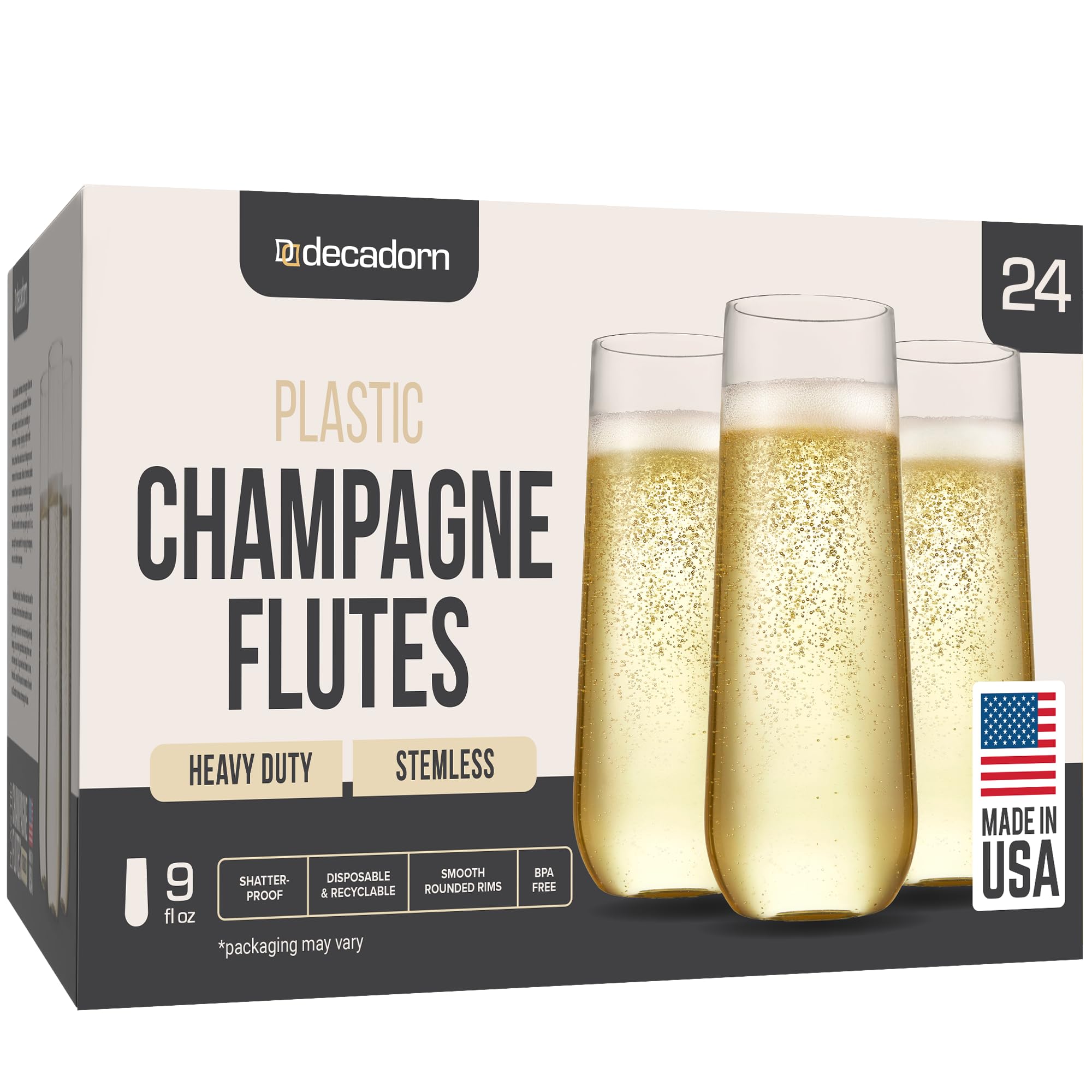 DECADORN Clear Stemless Champagne Flutes Plastic 24 Pack - 9oz Plastic Champagne Glasses - Durable and Sturdy Mimosa Glasses For Parties - Shatterproof, Recyclable, BPA-Free, Smooth Rims.