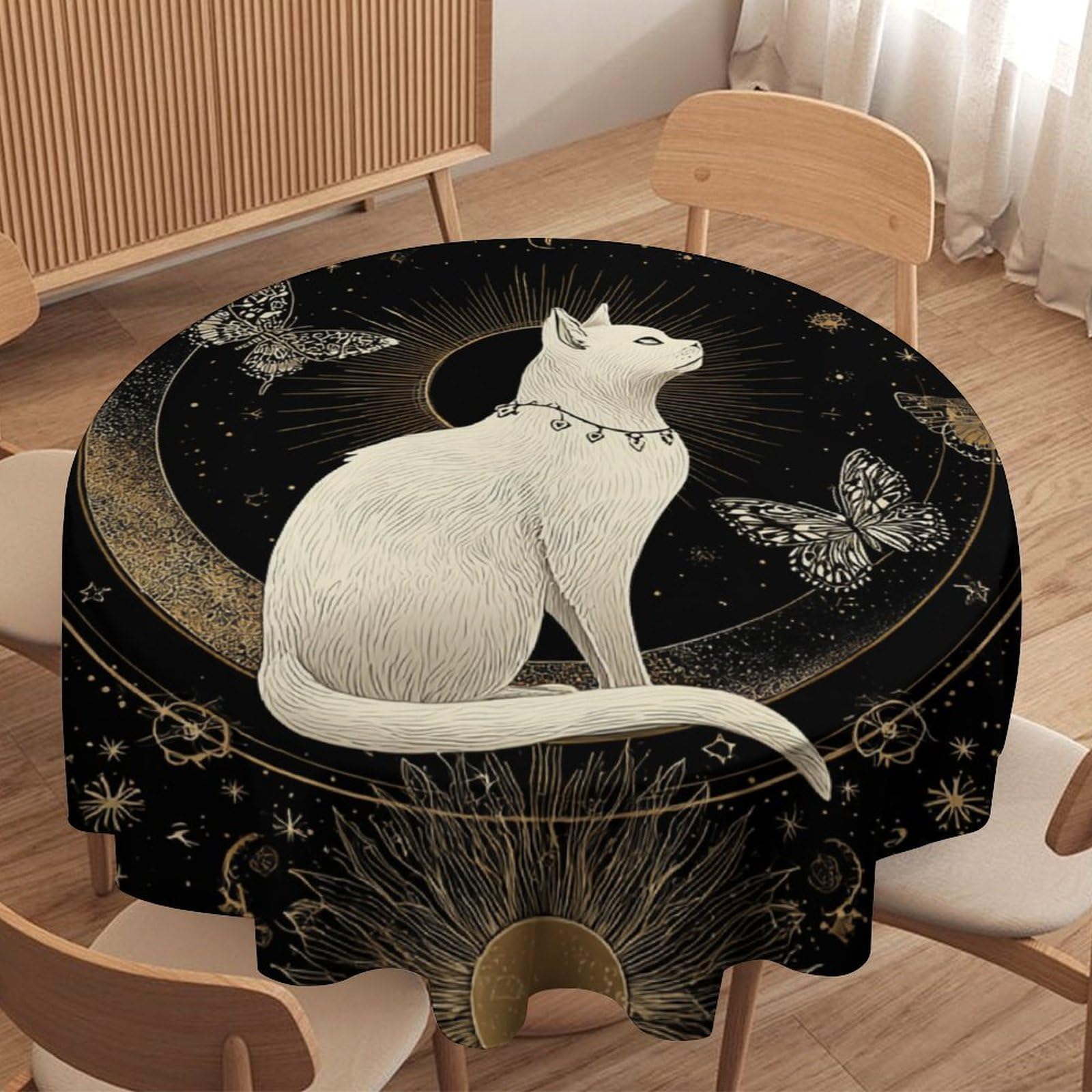LUYYSKY Beautiful Modern Black Cat Waterproof Round Tablecloth Vintage Abstract Animal Kitten Butterfly Constellation Moon Washable Table Cover for Kitchen-177.8" Wx177.8 L cm