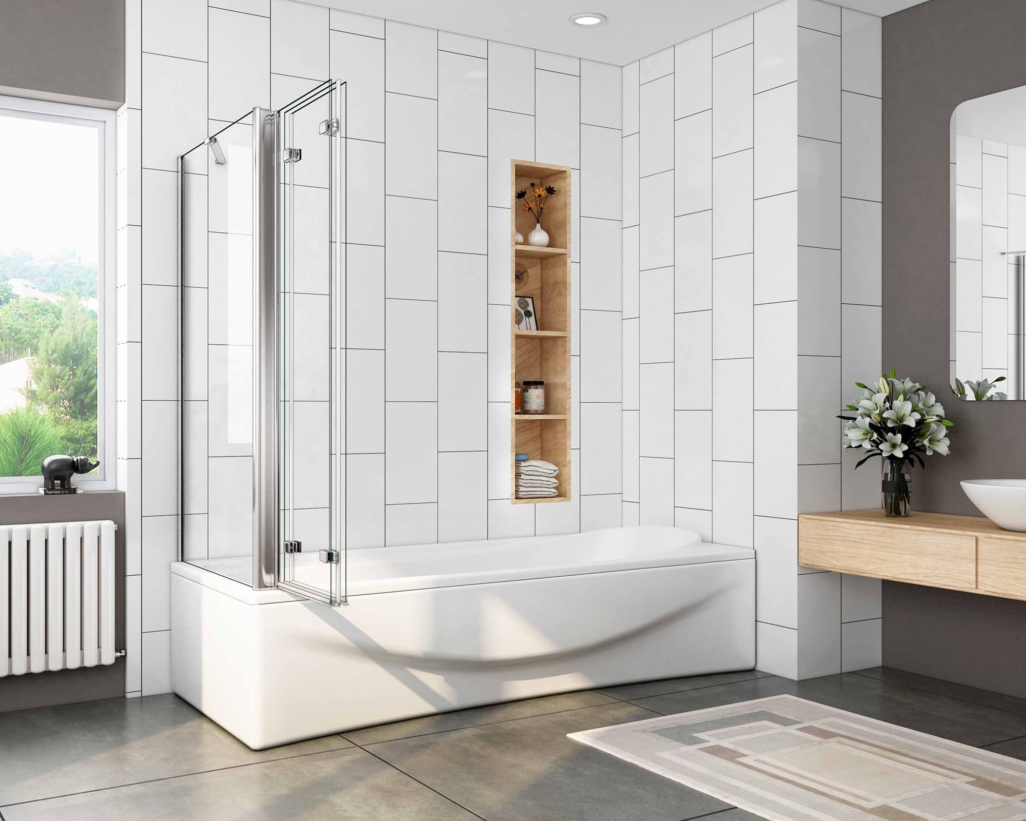 AICA Mampara de Bañera Abatible 3 Hojas con un Panel Fijo Cristal Antical 6mm 3 veces plegable Tamaño:(1193-1213) x(678-698) x1400mm