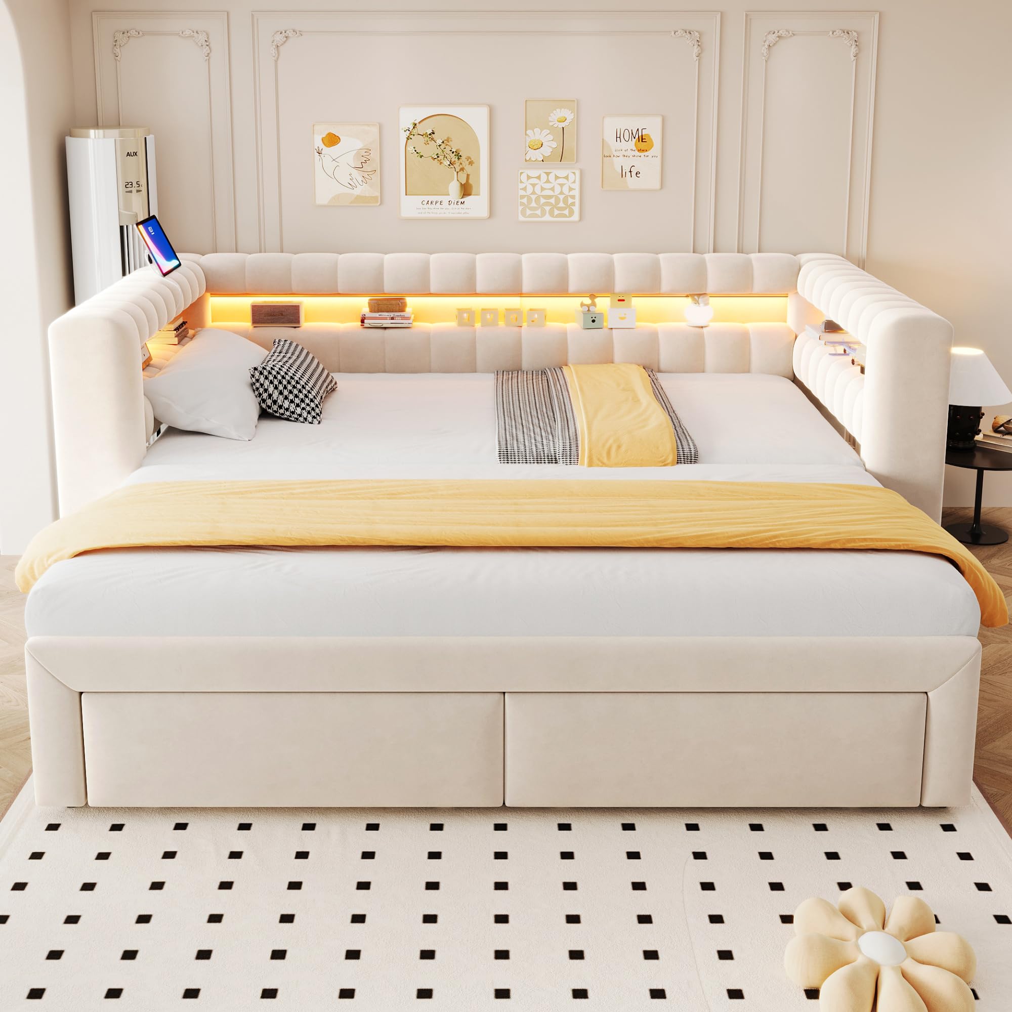 Sapgaks Canapé lit capitonné 90/180x190 cm avec lit gigogne,tiroirs, rangements intégrés,LED,USB et Type-C,Cadre de lit 1/2 Personnes avec sommier à Lattes,Velours,Beige