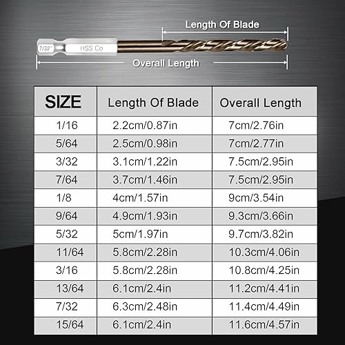 Miniatura 7 de Juego de brocas de cobalto con vástago hexagonal de 14 para metal y acero endurecido, 13 brocas helicoidales M35 HSS de 116 a 14 pulgadas para
