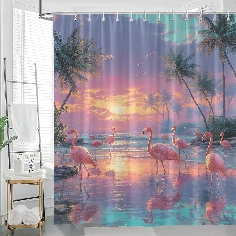 GLWDMB 1 Piece 150x180CM Tropical Flamingo Printed Shower Curtain With Hook, Polyester, for Windows And Walls, Bathtub, Bathroom, Machine Washable, All Season Universal