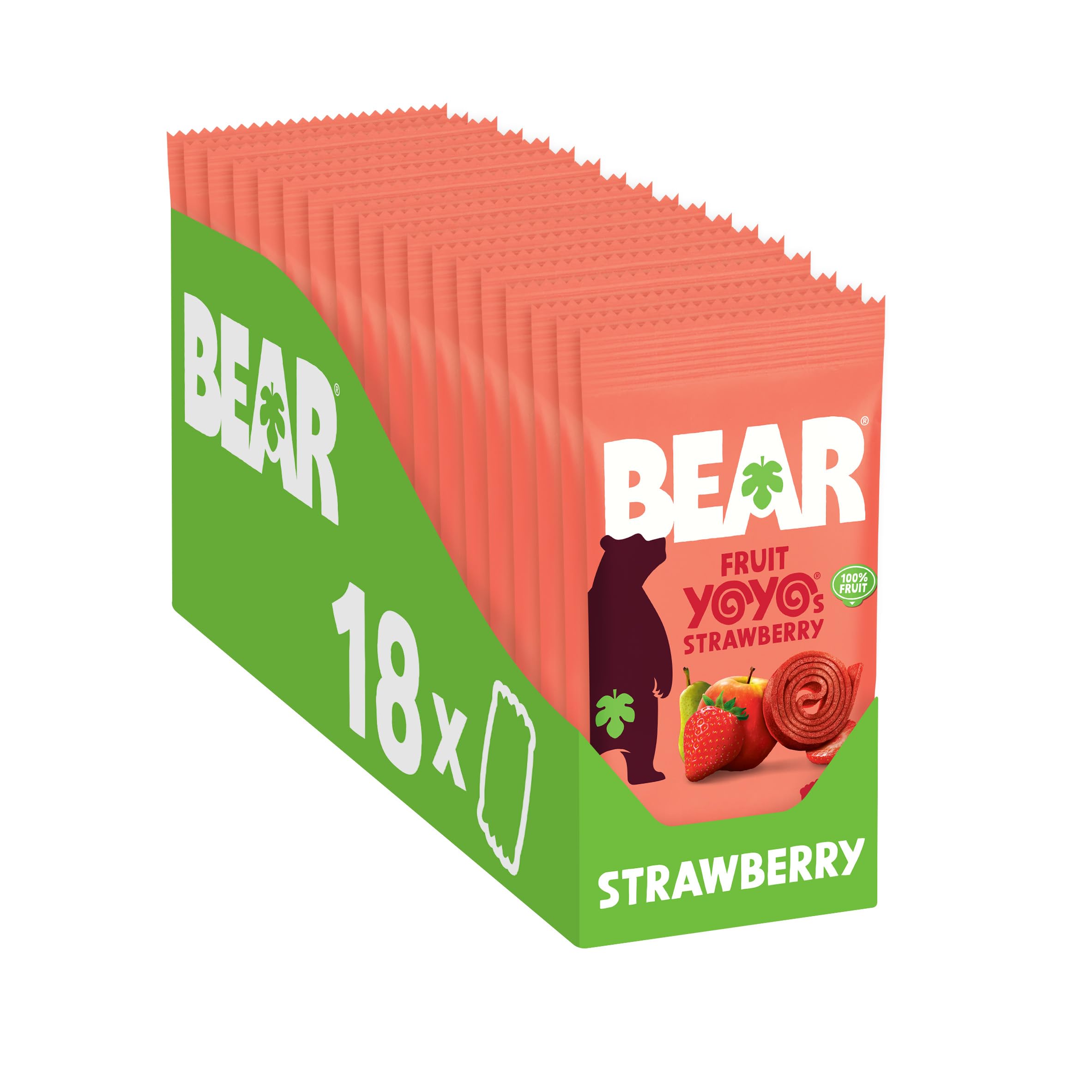 BEAR Fruit Yoyos Strawberry, 100% Fruit, No Added Sugar, Ideal Lunchbox Snack for Kids or On-The-Go, 20g, Pack of 18