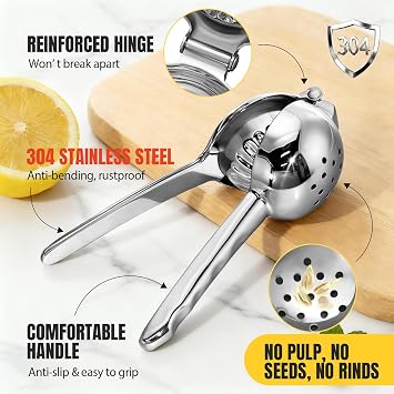 Lemon Squeezer Stainless Steel, Effortless Juicing, Good Grip, Larger Bowl | 10%-20% Higher Juice, Seedless Juicing, Dishwasher Safe, Commercial Grade, Ideal for Cooking, Drinks, Salad Dressing Prep