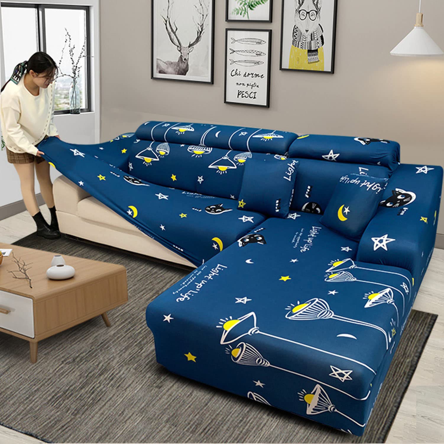 Housse de canapé d'angle extensible lavable et protectrice motif imprimé