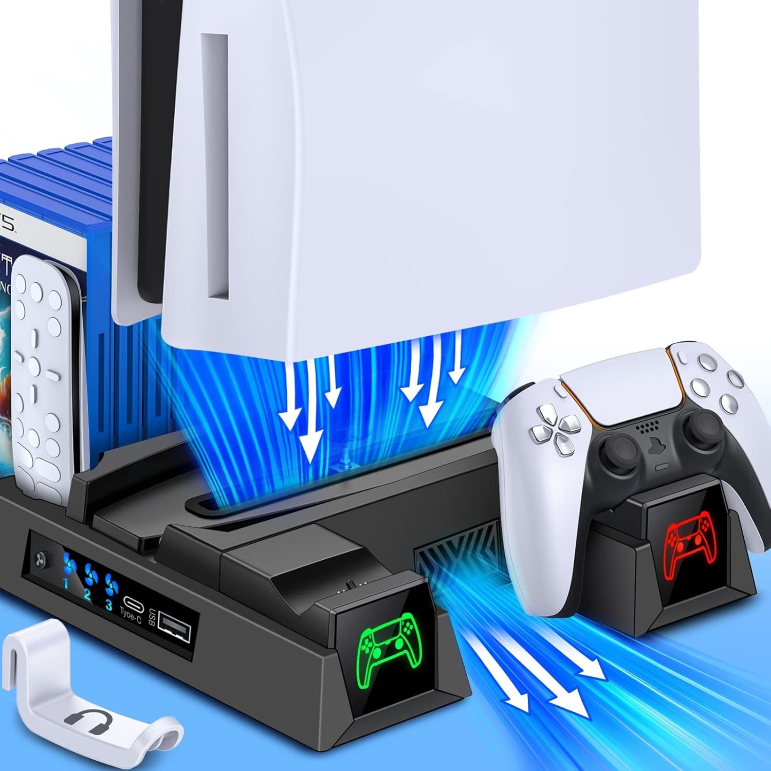 PS5 Stand with Controller Charging Station & Cooling Fan for PS5 Console (Digital & Disc) – 3 Fan Speeds, 2 Wireless Charger, 11 Game Holder & Headset Hanger, USB 3.0 Compatible