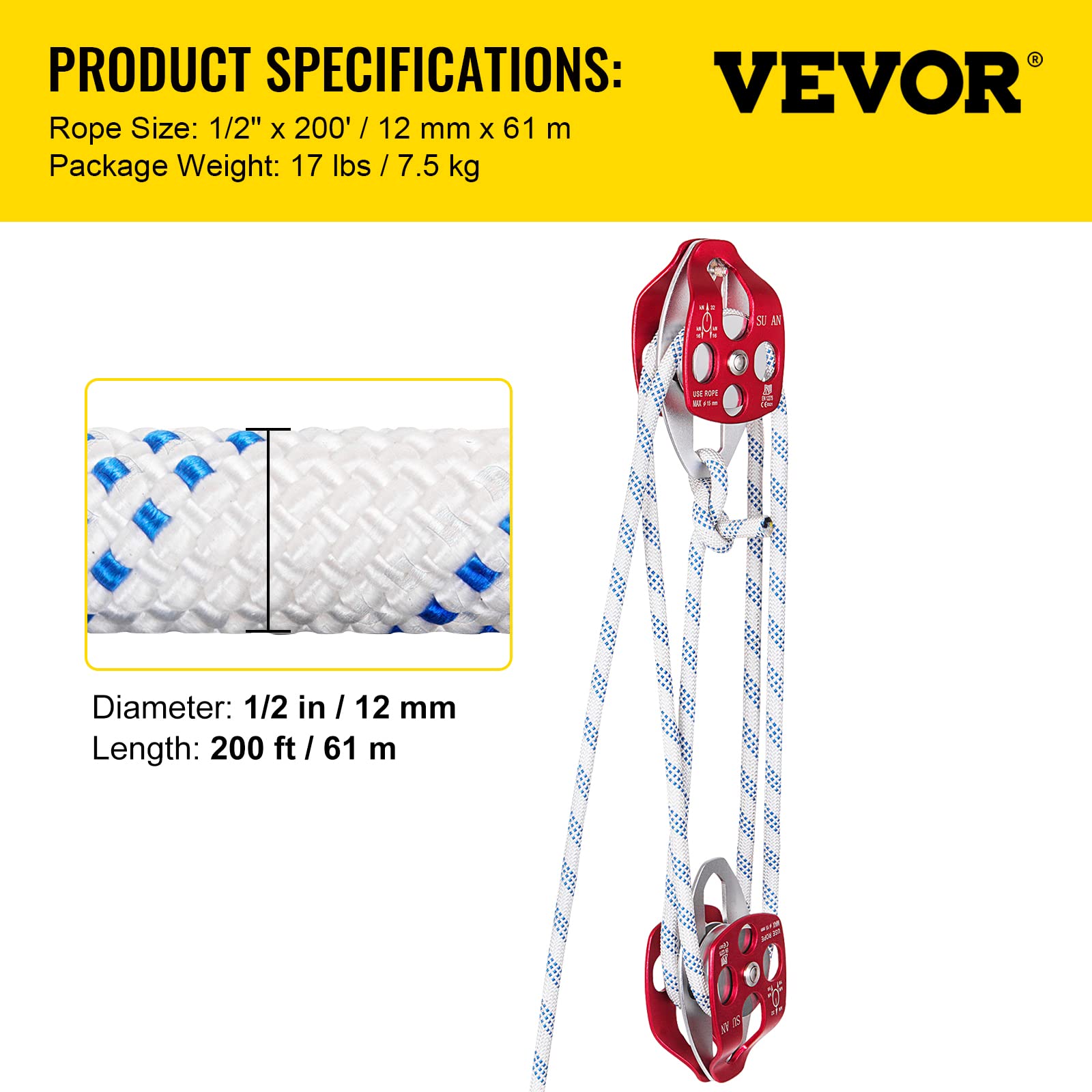 VEVOR Bozzello a doppia puleggia e attrezzatura 0,43-0,5 pollici 100-200Ft Bozzello a doppia puleggia con corda intrecciata 30-35KN 6600-7705LBS Rigging a doppia puleggia (1/2" x 200')