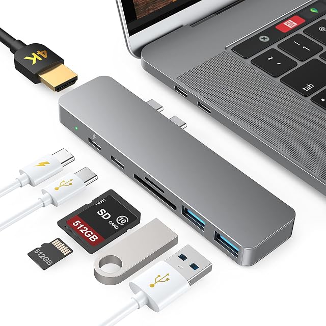 USB C Adapter for MacBook Pro / Air M1 2020/2019/2018, 7 in 2 USB-C Hub with 4K HDMI, Thunderbolt 3(100W PD), USB-C & 2 USB 3.0, SD/TF Card Reader, Type C Dongle for MacBook Pro Air 13"15"16"