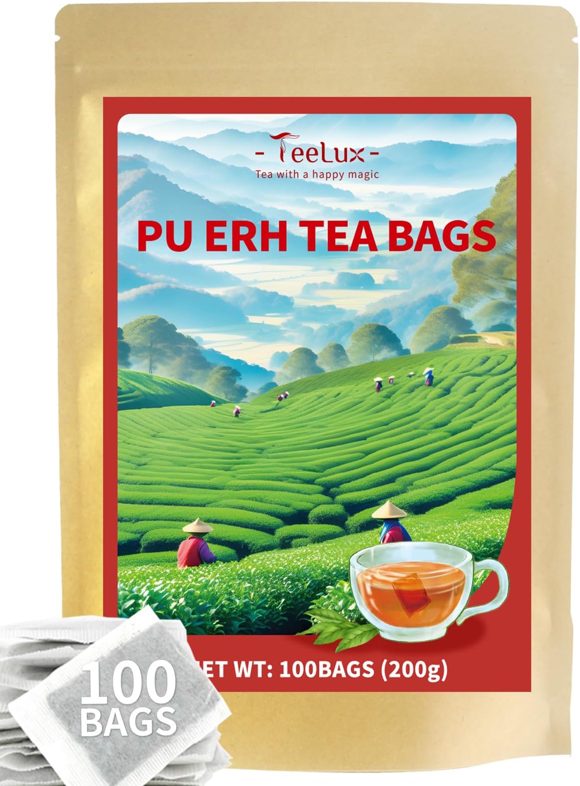 TeeLux Pu Erh Tea Bags 100 Count, Vegan, Pure Puerh Fermentation Tea, Smooth & Rich Flavor, Caffeinated, Natural Pu Er Tea, Biodegradable Tea Bags